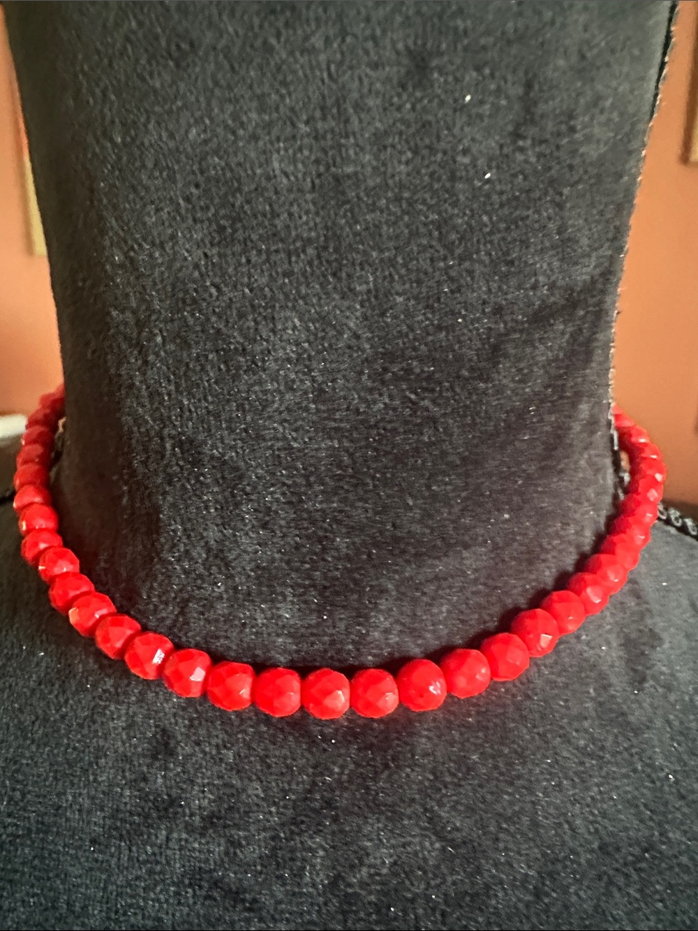 Red Faceted Bead Choker Necklace by